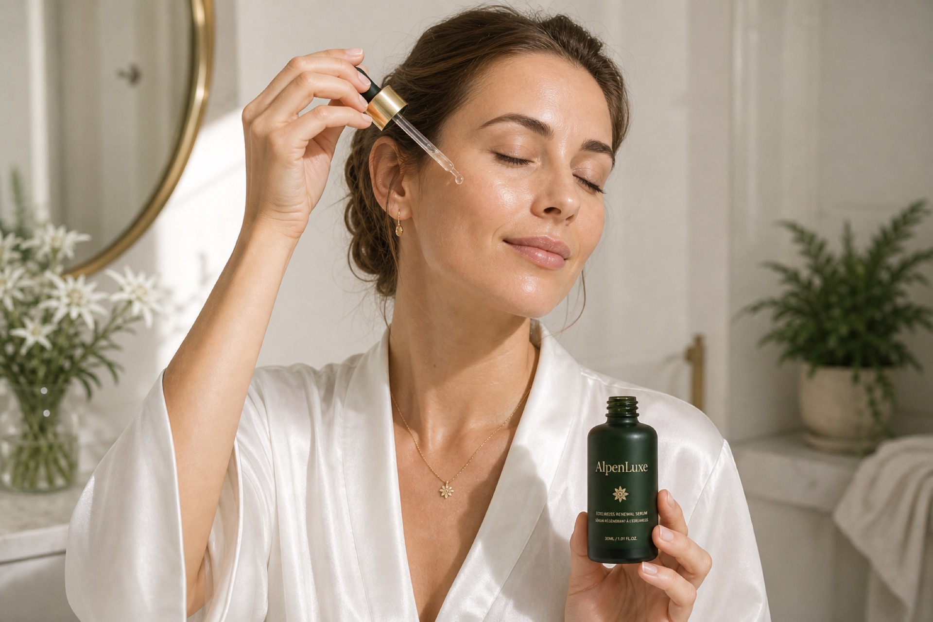 Frau mit strahlender Haut — Alpine Renewal Serum